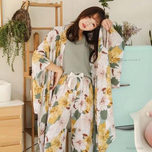 2020 Women Spring Autumn silk Satin Pajama Sets Floral 3 Pieces Nightwears Plus Size Elegant Lounge Tender Sleepwears Homewears