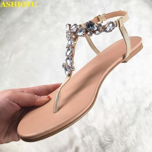 ASHIOFU New Women Handmade Flat Sandals G-strap Crystals Beach Summer Shoes Back To School Girls Fashion Casual Sandals Shoes