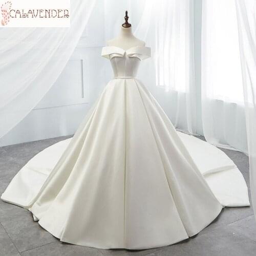 Boat Neck Ball Gown Wedding Dresses White Satin Wedding Gowns 2020 Short Sleeve Vestido De Noiva