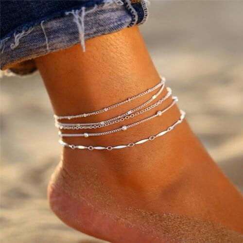 Bohemian Fashion Beads Heart Anklet For Women Girls Silver Color Multilayer Anklets Vintage Foot Bracelet Beach 2021 Jewelry