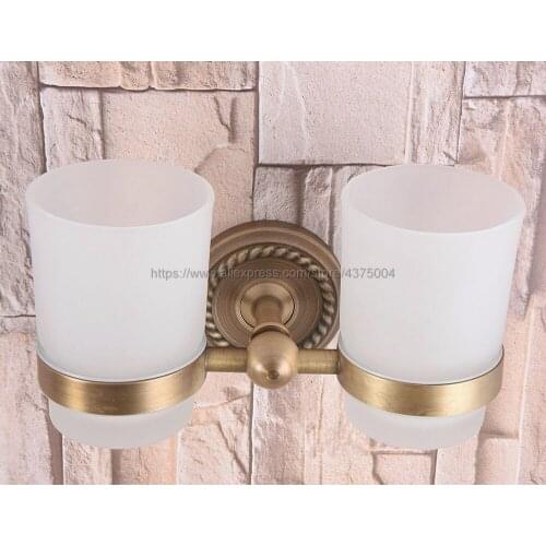 Double Cup Holder Toothbrush Holder With Glass Cups Antique Brass Rack Tumbler Holder Wall Mounted Nba223