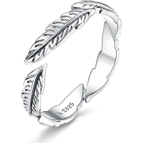 EAMTI S925 Sterling Silver Ring Carved White Feather Open Ring European and American Fashion Platinum-plated Jewelry