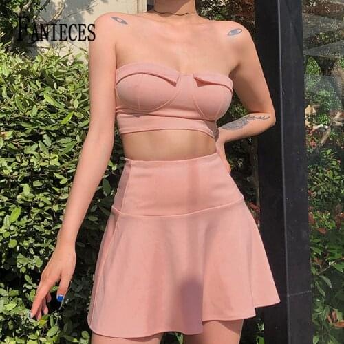 FANIECES Sexy Sleeveless Strapless Sexy Crop Top Mini Skirts Match Set Two Piece Set Summer Women Chic Solid Pink Streetwear