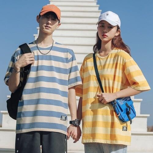 Men T Shirt Oversized Striped Short Sleeve O Neck Korean Fashion Harajuku Hip Pop Streetwear Unisex Couple Male Clothing Top
