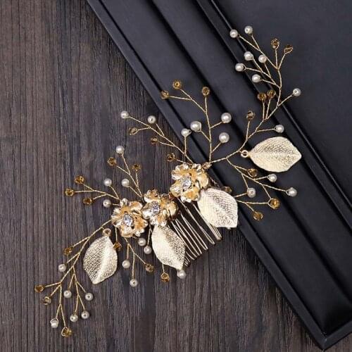 Golden Leaves Hair Combs For Bride Wedding Head Jewelry Pearl Bride Hair Combs Ladies Headdress Headbands LXH