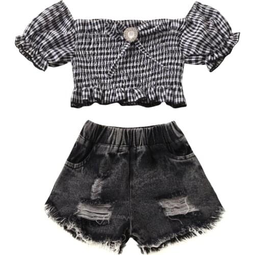 Ircomll 2-8Y 2pcs Summer toddler girl clothes Straight shoulder Top + ripped Denim Shorts Toddler Girl Clothes Costume For Girls