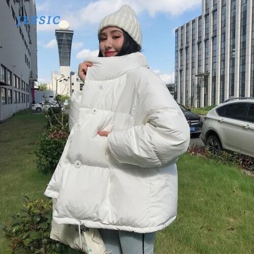 JESSIC Korean Style 2020Winter Jacket Women Stand Collar Solid Black White Female Down Coat Loose Oversized Womens Short Parka