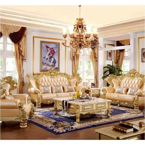 Commission European-style Large-sized Leather Sofa Combination American Luxury Carved Solid Wood Sofa Champagne Gold Foil Couch