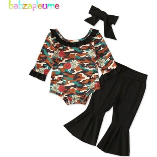3PCS 2020 Spring Newborn Baby Girls Clothes Set Fashion Print Long Sleeve Bodysuit+Loose PU Pant+Headband Infant Clothing BC1138