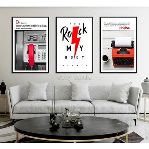 Classical Retro Style Red Typewriter Phone Posters and Prints Wall Art Picture for Living Room 3 Pieces Canvas Painting Unframed