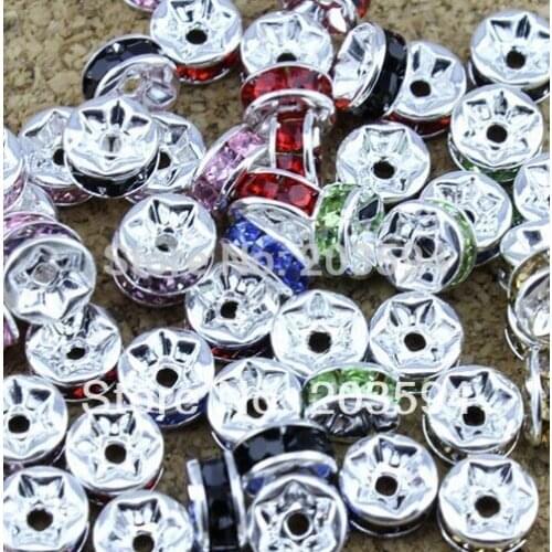 1000pcs Mixed Silver Plated Flat Side Random Rhinestone Rondelle Spacers Beads 8x4mm