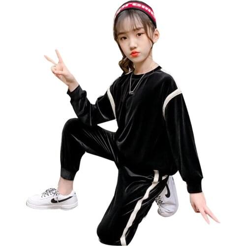 2021 Children Spring Jacket Clothing Set Big Girls Velvet Sport Suits Long Sleeve Hooded Jacket Coat+Pants Tracksuit For Girls