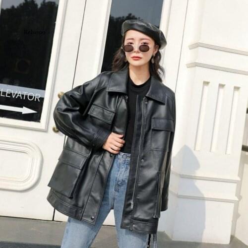 Spring Autumn Four Big Pocket Chic Loose Design Motobike Bf Vintage Retro Women Lady Pu Leather Jacket