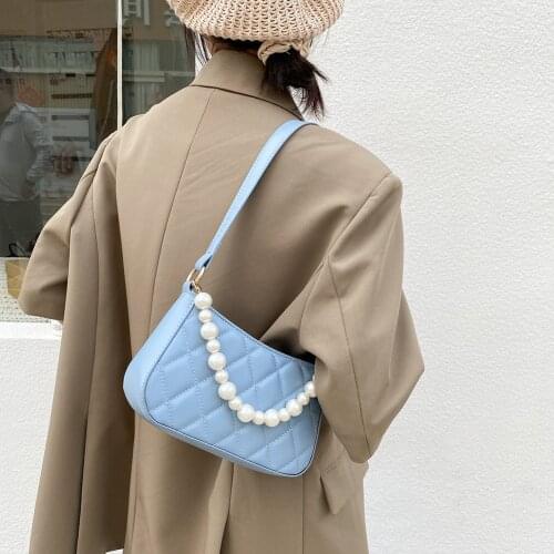 Fashion Lattice Pattern Shoulder Bag For Women 2021 Soft Pu Leather Underarm Bags Female Pearl Chain Handbag Travel Shopper Bags