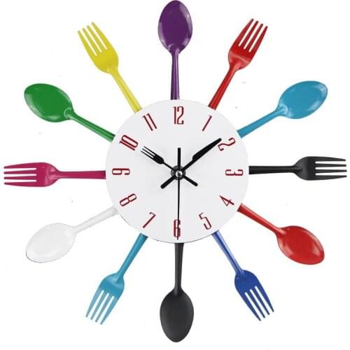 Wall clock digital metal spoon fork family kitchen modern quartz clock movement mute projection alarm clock decorative wall cloc
