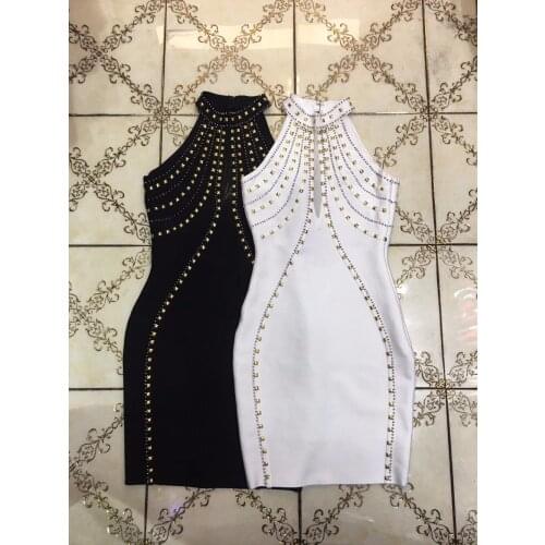 2017 New Black White Beading Sexy Sleeveless Elegant Top Quality Bodycon Evening Party Vestidos Bandage Dress