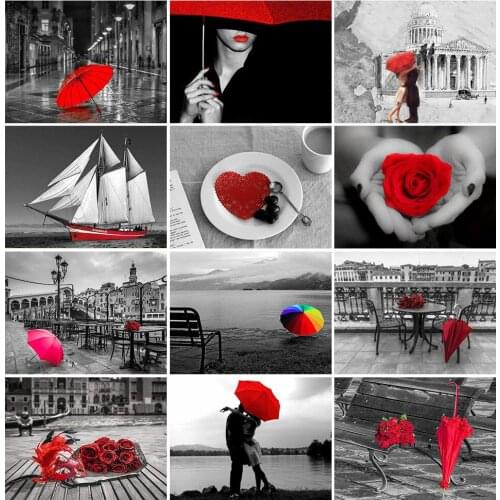 New Landscape 5D Diamond Painting Red Umbrella Diamond Embroidery Black And Red 3D Mosaic Picture Of Rhinestone Home Decor Gift