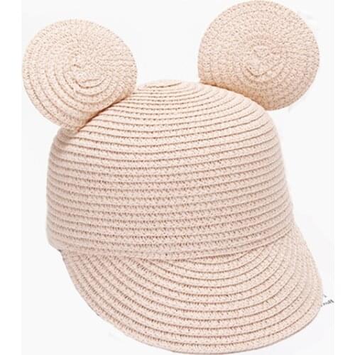 RUHAO Cute summer hats Girls straw cap beach big Ear hat Boy summer cap Baby beach sun shade Kids sun hat bow hand made