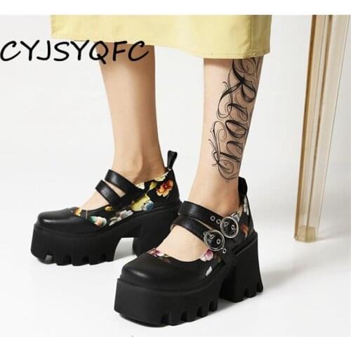CYJSYQFC Vintage Flowers Print Dark Gothic Platform Women Pumps Round Toe Belt Buckle Thick Bottom High Heels Mary Jane Shoes