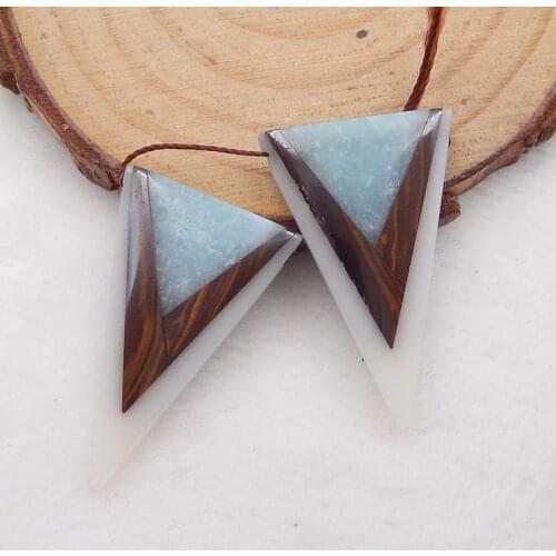 Jewelry accessories,Triangle Amazonite,White Jade,Tiger Eye Intarsia Gemstone beaded earrings, 30x19x4mm, 5.5g