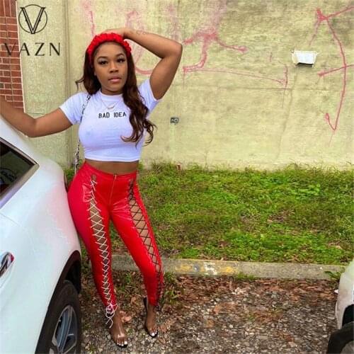 VAZN 2021 European and American Womens Casual Pants Sexy Pu-Leather Pants With Corn-Binding and Buttocks Lifting