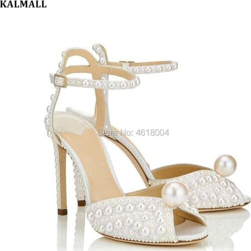 KALMALL Wedding Shoes Women Pearls Studs Sandals Bridal Luxury High Heels Peep Toe Strap Tacons Pearl Heels Dress Sandals