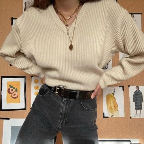 B-TOTO American Retro Apricot Pit Stripe V-neck Pullover Bottoming Sweater Women Loose Sweater 2021 New Fashion