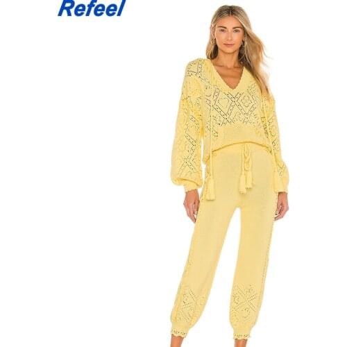 England Vintage Fashion Solid Hollow Out Embroidery Hooded Sweaters Women Pullovers Ruffles Knitted Harem Pants Sets