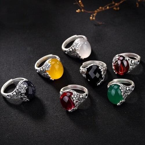 100% 990 Sterling Silver Women butterfly Retro Finger Rings Red yellow White Green Chalcedony Stone Adjustable Ring for ladies