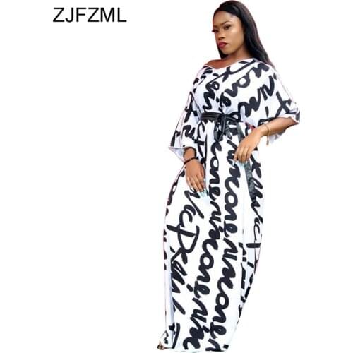 ZJFZML Black White Letter Print Maxi Dress Women Deep V Neck Half Sleeve Floor-Length Robe Streetwear Ladies Belted Party Dress