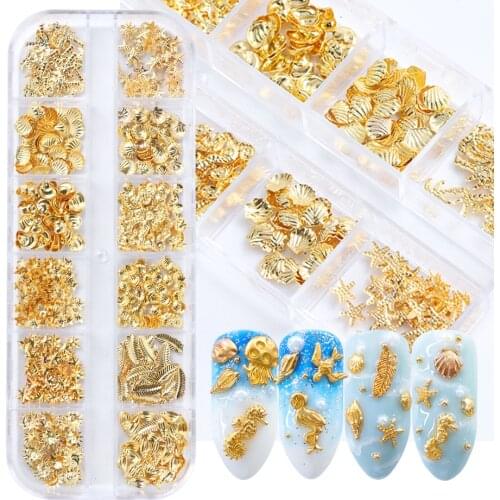 Gold Nail Art Alloy Studs Seaside 3D Decorations Sea Shell Star Feathers Charm Metal Frame Rivets Nail Sequin Accessories