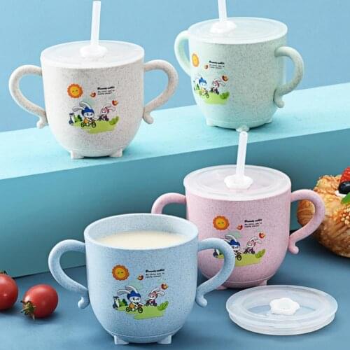 270ml Child Feeding Mug Cartoon Pattern Dual Use Wheat Straw Cute Baby Drinking Cup with Straw for Home Water Bottles