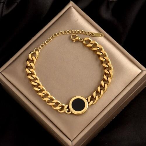 HUANZHI 2020 Punk Roman Numerals Golden Sliver Color Thick Chain Titanium Steel Metal Round Pendants Bracelet for Women Jewelry
