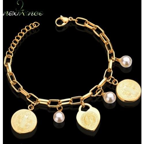 Nextvance Jesus Coin Saint Benedict Bracelet Simulated Pearl Heart Virgin Mary Amulet Bracelets for Women Men Gift