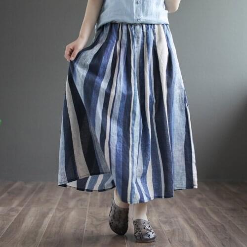 Johnature Cotton Linen Retro Strip Pockets Elastic Waist All-match Half Skirts 2021 Summer New Loose Leisure Women Fashion Skirt