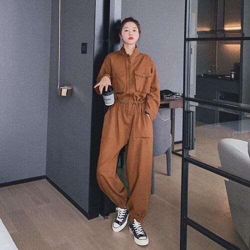 Long Sleeve Drawstring Waist Cargo Jumpsuit Spring Autumn Women Street Style Hip Hop Loose One Piece Harem Pants Overalls AD75