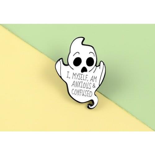 Cute Ghost Pins 'I AM CONFUSED' Enamel Metal Pins Skeleton Halloween Brooches Badges Lapel Clothes Punk Pins Women Jewelry Gifts