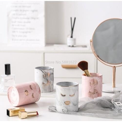 Nordic Style Marble Storage Tank Ceramic Jar Cosmetic Brush Pen Holder Knife Fork Storage Holder Home Office Kitchen Organizer