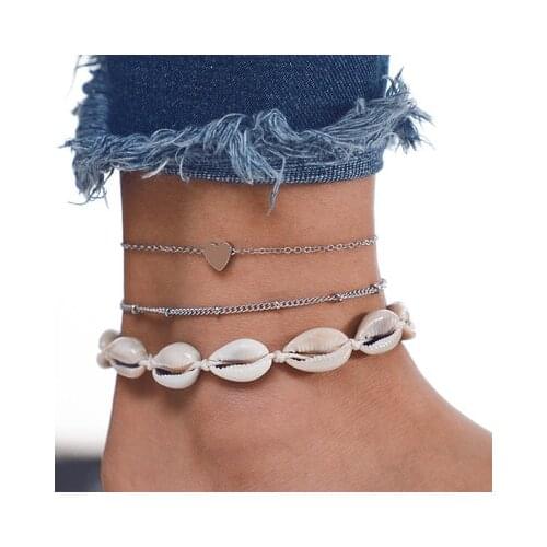 Docona Boho Shell Love Heart Anklet Set for Women Multilayer Round Beads Foot Chains Girls Beach Jewelry Accessories 6974