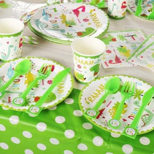 Dinosaur Party Tableware Set Paper Plate Cup Napkins Tablecloth Banner Cake Topper Happy Birthday Event Party Supplies for Kids