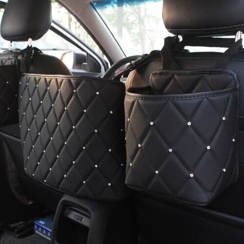 New Crystal Rhinestone PU Leather Car Storage Bag Organizer Barrier of Backseat Holder Multi-Pockets Car Storage Stowing Tidying