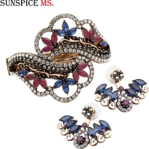 Sunspicems Vintage Resin Earrings Cuff Bracelet Bangle Sets Antique Gold Color Turkish Women Ethnic Banquet Jewelry Gift