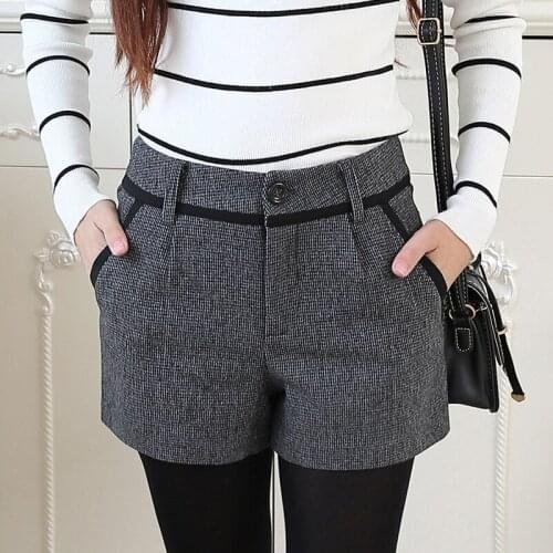 Autumn winter Korean version of the hairy grid shorts female high-waisted thin boots students casual wide-legged skirtpants wear