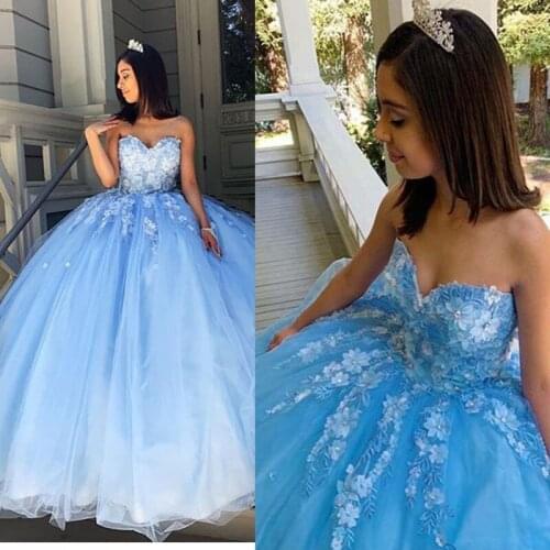 Princess Custom Made Long Light Blue Sweetheart Lace Applique Tulle Prom Dresses Gowns Evening Dress