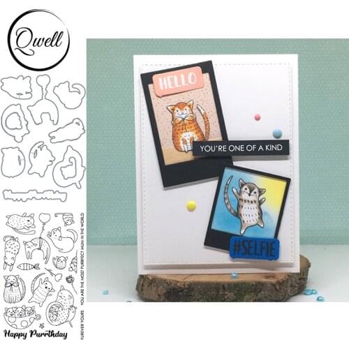 QWELL Animal Slouchy Cats And Fish Metal Cutting Dies Match Clear Silicone Stamps Happy Purrthday DIY Scrapbooking 2020 New