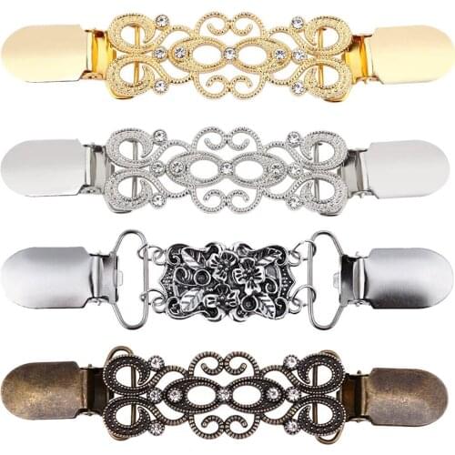 Retro Shawl Clips with Chain - Pack of 4 - Cardigan Sweater Clips Clasp, Rhinestones Collar Pins Brooches