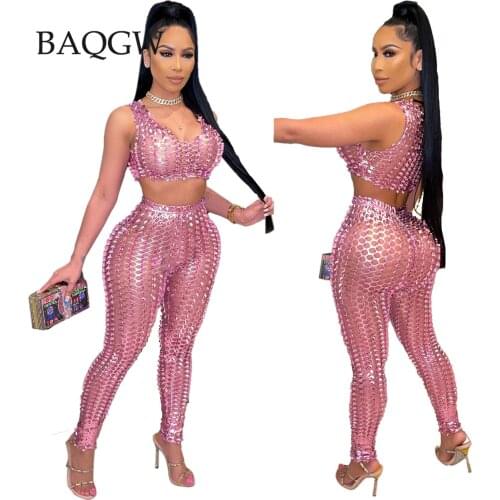 Sexy Fishnet Hollow Out Sparkly Crop Tops and Pants Tracksuit Large Size Summer Women Clothing Clubwear Two Piece Set Outfits