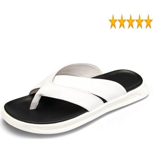 Slippers Men Flip-flops White Fashion Korean Style Outdoor 100% Genuine Leather Sandals Summer Casual Beach Shoes Plus Size 45