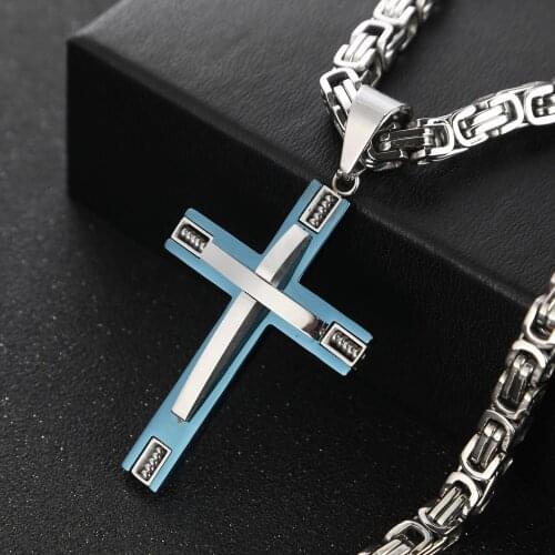 Blue Silver Cross Pendant Men Necklace Stainless Steel Jewelry Friendship Gifts Vintage Necklaces Fashion Mens Jewellery Colar
