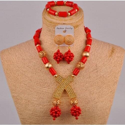 Wedding Accessories African Wedding Party Dress Accessories Red Natural Coral Beads Jewelry Nigerian Bridal Necklace Set AU-238